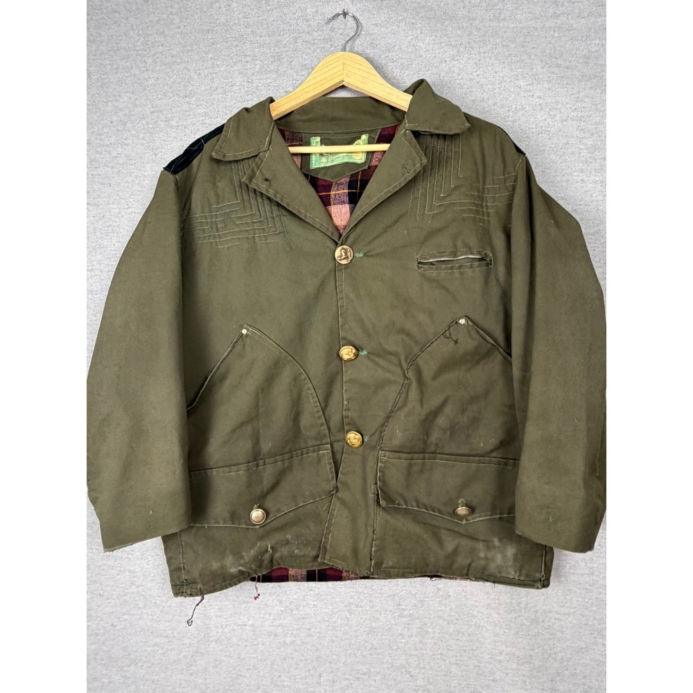 Vintage 50s French Hunting Jacket Olive Green Canvas Plaid Lining Brass Buttons